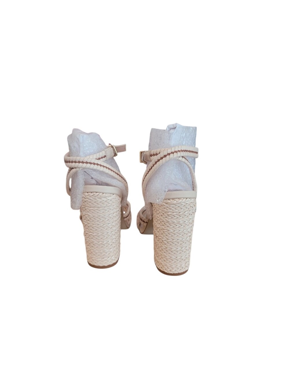 New Steve Madden Beige Knotted Woven Block Heel Sandals Ankle Strap 9.5 Leather - Picture 5 of 6